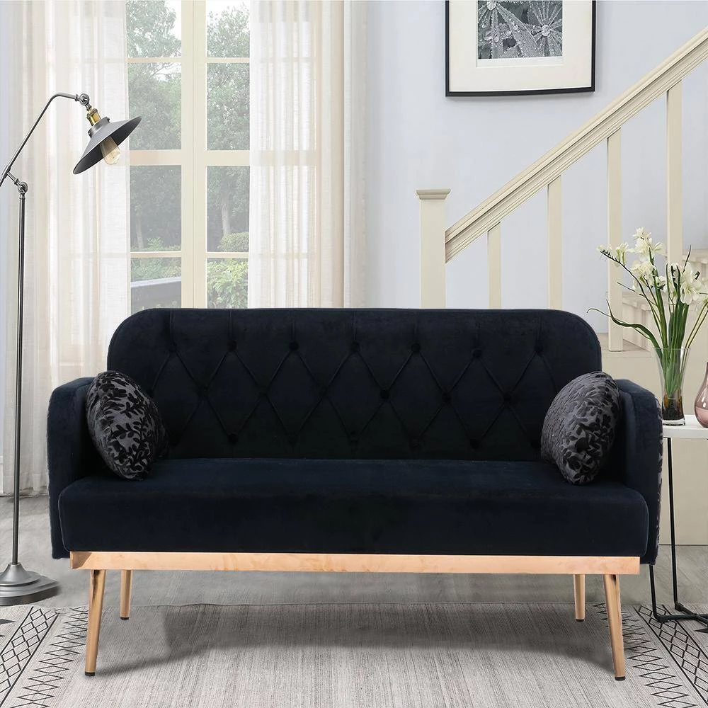 55.11 in. Black Velvet Upholstered 2-Seater Loveseat with Pillows and Metal Feet by Kahomvis 9 55.11 in. Black Velvet Upholstered 2-Seater Loveseat with Pillows and Metal Feet by Kahomvis - Image 9