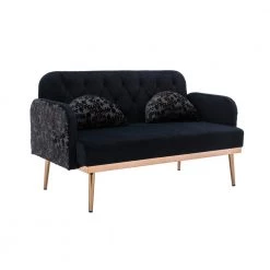 55.11 in. Black Velvet Upholstered 2-Seater Loveseat with Pillows and Metal Feet by Kahomvis