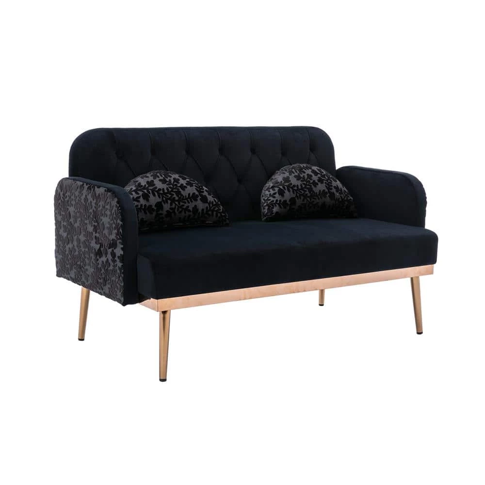 55.11 in. Black Velvet Upholstered 2-Seater Loveseat with Pillows and Metal Feet by Kahomvis 1 55.11 in. Black Velvet Upholstered 2-Seater Loveseat with Pillows and Metal Feet by Kahomvis