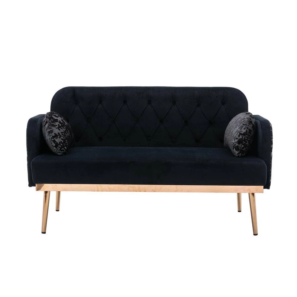 55.11 in. Black Velvet Upholstered 2-Seater Loveseat with Pillows and Metal Feet by Kahomvis 4 55.11 in. Black Velvet Upholstered 2-Seater Loveseat with Pillows and Metal Feet by Kahomvis - Image 4