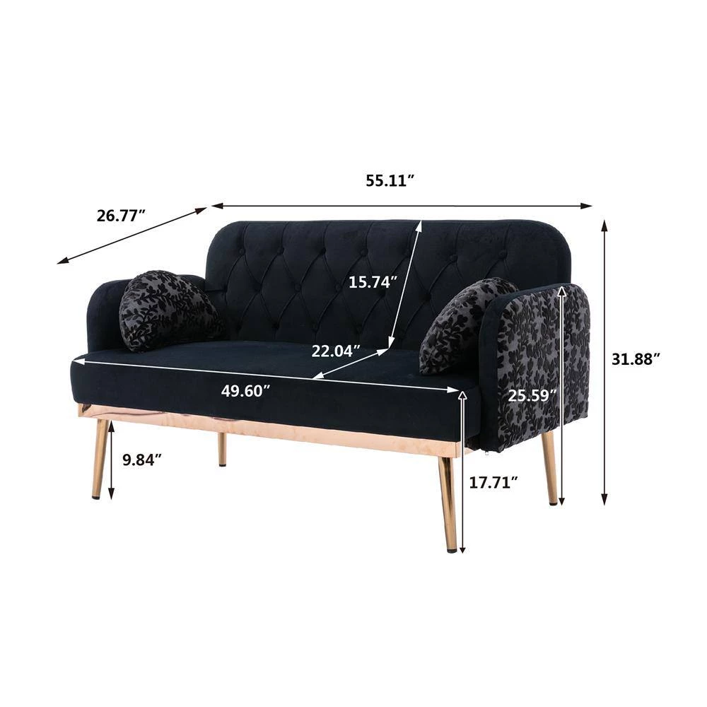 55.11 in. Black Velvet Upholstered 2-Seater Loveseat with Pillows and Metal Feet by Kahomvis 8 55.11 in. Black Velvet Upholstered 2-Seater Loveseat with Pillows and Metal Feet by Kahomvis - Image 8