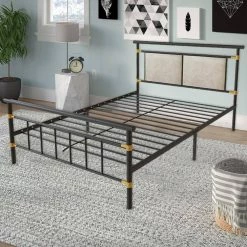 Black Queen Size Metal Bed Frame, Modern Platform Bed Base with Upholstered Headboard and Footboard by Kahomvis -Kahomvis Sales Store black kahomvis platform beds ljr lkw3 3332 31 1000