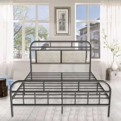 Black Queen Size Metal Bed Frame, Modern Platform Bed Base with Upholstered Headboard and Footboard by Kahomvis -Kahomvis Sales Store black kahomvis platform beds ljr lkw3 6253 31 1000