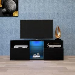 47 in. Black TV Stand with 2-Storage Cabinet Fits TV's up to 55 in. with 20-Colors LED Lights by Kahomvis -Kahomvis Sales Store black kahomvis tv stands js lkw33 500 31 1000