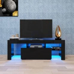 51 in. Black TV Stand Fits TV's up to 55 in. with LED RGB Lights by Kahomvis -Kahomvis Sales Store black kahomvis tv stands js lkw33 870 31 1000