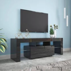 51 in. Black TV Stand Fits TV's up to 55 in. with LED RGB Lights by Kahomvis -Kahomvis Sales Store black kahomvis tv stands js lkw33 870 44 1000
