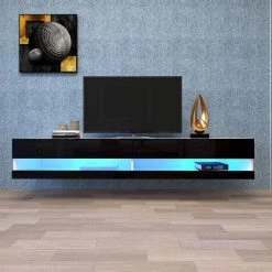 70.9 in. Black Wooden Floating TV Stand Fits TVs Up to 80 in. with Wall Mount Feature by Kahomvis -Kahomvis Sales Store black kahomvis tv stands js lkw33748 31 1000