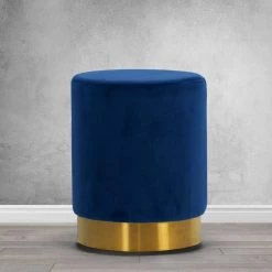 Anna Blue Velvet with Golden Accent Base Small Size Round Footstool Ottoman by Glamour Home -Kahomvis Sales Store blue glamour home ottomans ghotm 1361 31 1000