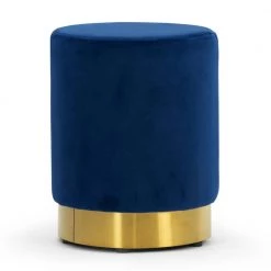 Anna Blue Velvet with Golden Accent Base Small Size Round Footstool Ottoman by Glamour Home