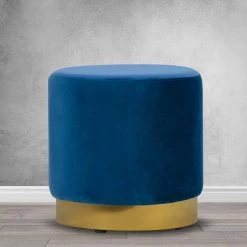 Anna Blue Velvet with Golden Accent Base Medium Size Round Footstool Ottoman by Glamour Home 9 Anna Blue Velvet with Golden Accent Base Medium Size Round Footstool Ottoman by Glamour Home -Kahomvis Sales Store blue glamour home ottomans ghotm 1362 31 1000