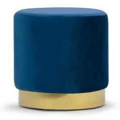 Anna Blue Velvet with Golden Accent Base Medium Size Round Footstool Ottoman by Glamour Home