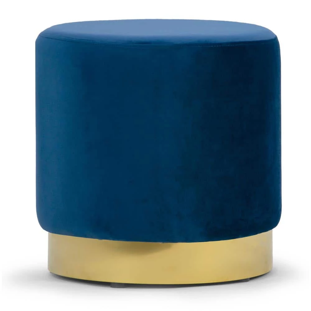 Anna Blue Velvet with Golden Accent Base Medium Size Round Footstool Ottoman by Glamour Home 1 Anna Blue Velvet with Golden Accent Base Medium Size Round Footstool Ottoman by Glamour Home