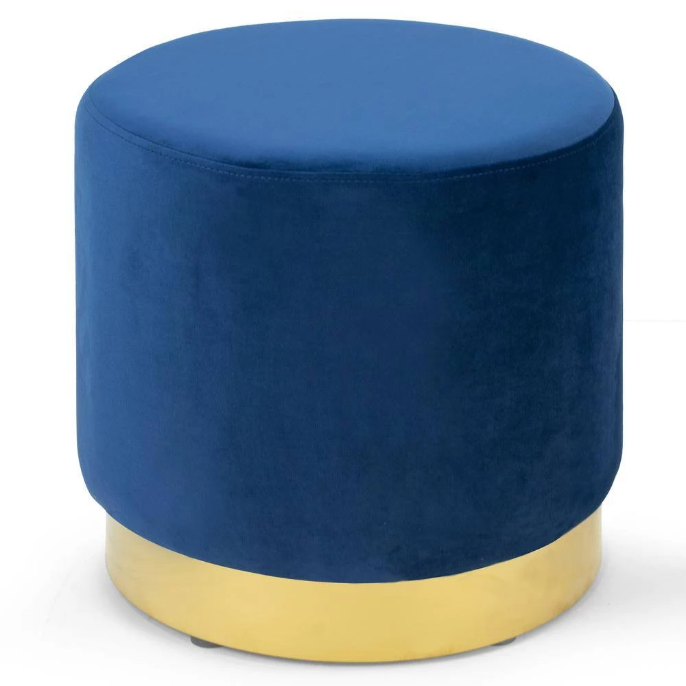 Anna Blue Velvet with Golden Accent Base Medium Size Round Footstool Ottoman by Glamour Home 2 Anna Blue Velvet with Golden Accent Base Medium Size Round Footstool Ottoman by Glamour Home - Image 2