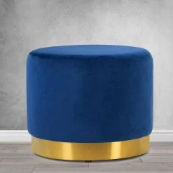 Anna Blue Velvet with Golden Accent Base Large Size Round Footstool Ottoman by Glamour Home 9 Anna Blue Velvet with Golden Accent Base Large Size Round Footstool Ottoman by Glamour Home -Kahomvis Sales Store blue glamour home ottomans ghotm 1363 31 1000