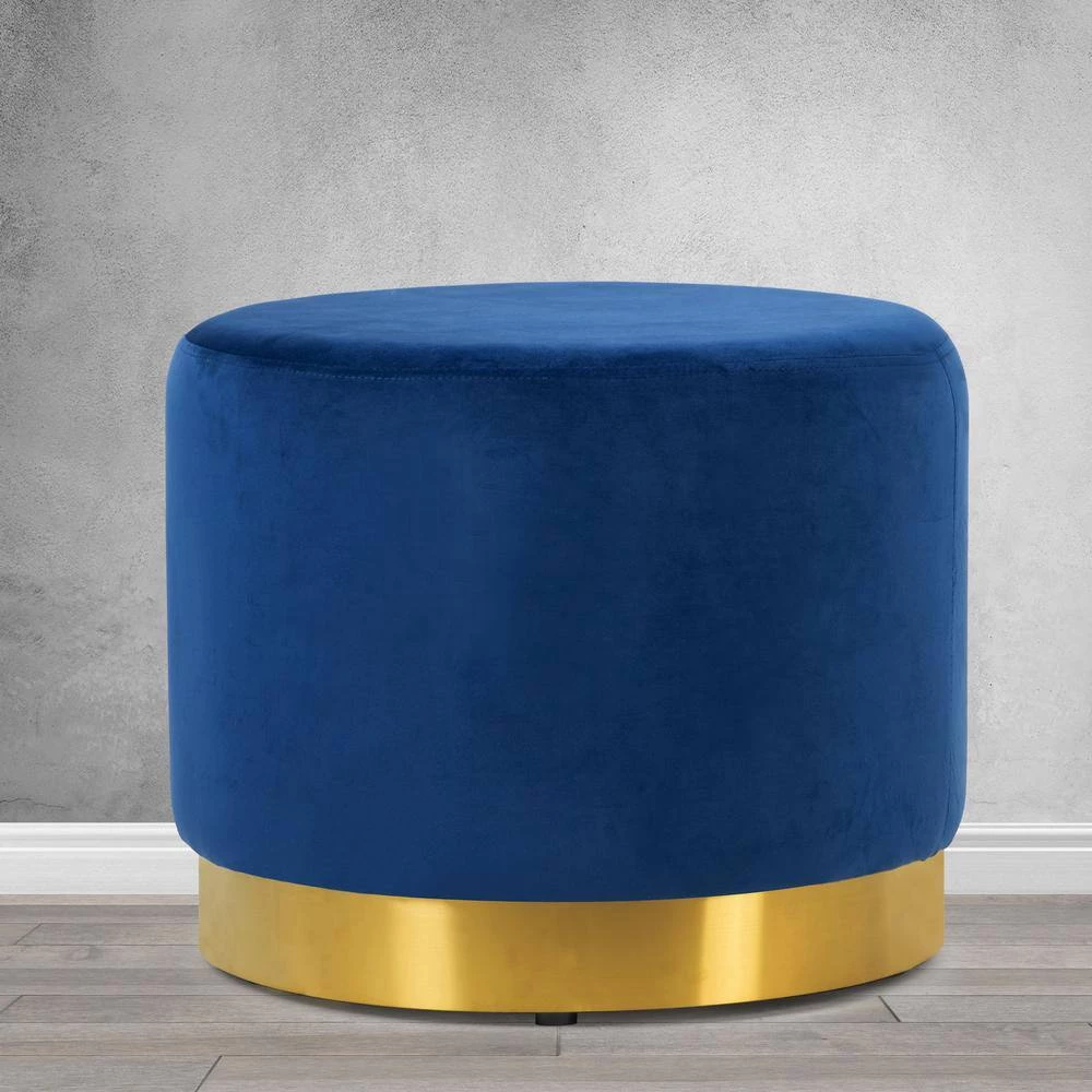 Anna Blue Velvet with Golden Accent Base Large Size Round Footstool Ottoman by Glamour Home 5 Anna Blue Velvet with Golden Accent Base Large Size Round Footstool Ottoman by Glamour Home - Image 5
