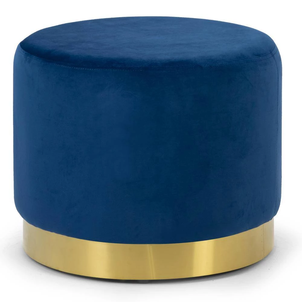 Anna Blue Velvet with Golden Accent Base Large Size Round Footstool Ottoman by Glamour Home 3 Anna Blue Velvet with Golden Accent Base Large Size Round Footstool Ottoman by Glamour Home - Image 3