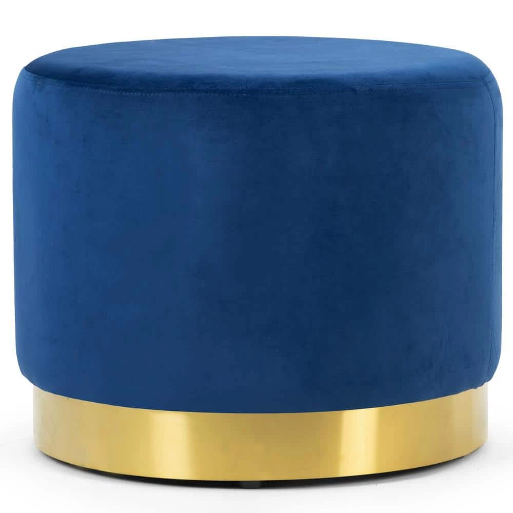 Anna Blue Velvet with Golden Accent Base Large Size Round Footstool Ottoman by Glamour Home 1 Anna Blue Velvet with Golden Accent Base Large Size Round Footstool Ottoman by Glamour Home