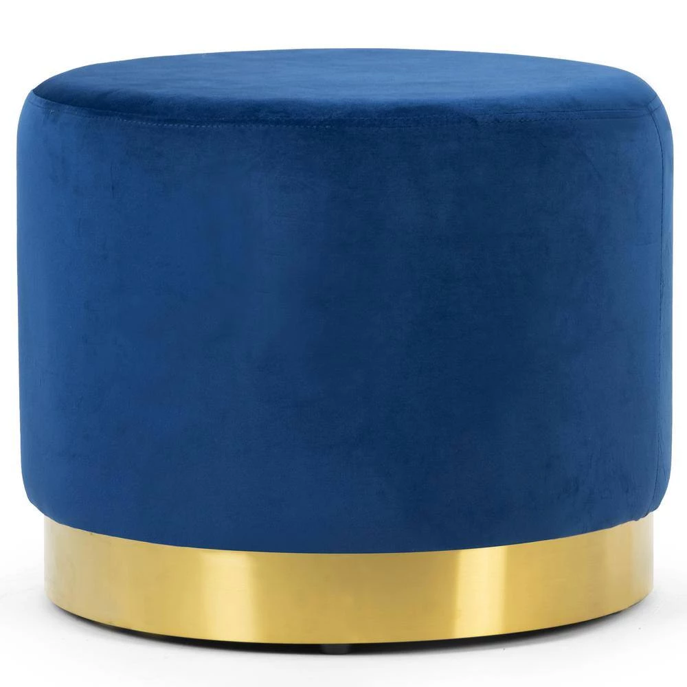 Anna Blue Velvet with Golden Accent Base Large Size Round Footstool Ottoman by Glamour Home 2 Anna Blue Velvet with Golden Accent Base Large Size Round Footstool Ottoman by Glamour Home - Image 2