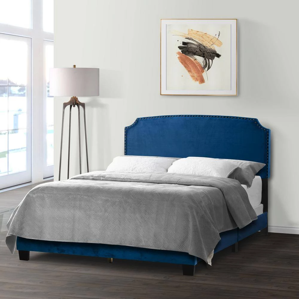 Arezo Navy Blue Velvet Queen Bed with Black Nail Head Trim by Glamour Home 5 Arezo Navy Blue Velvet Queen Bed with Black Nail Head Trim by Glamour Home - Image 5