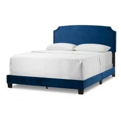 Arezo Navy Blue Velvet Queen Bed with Black Nail Head Trim by Glamour Home
