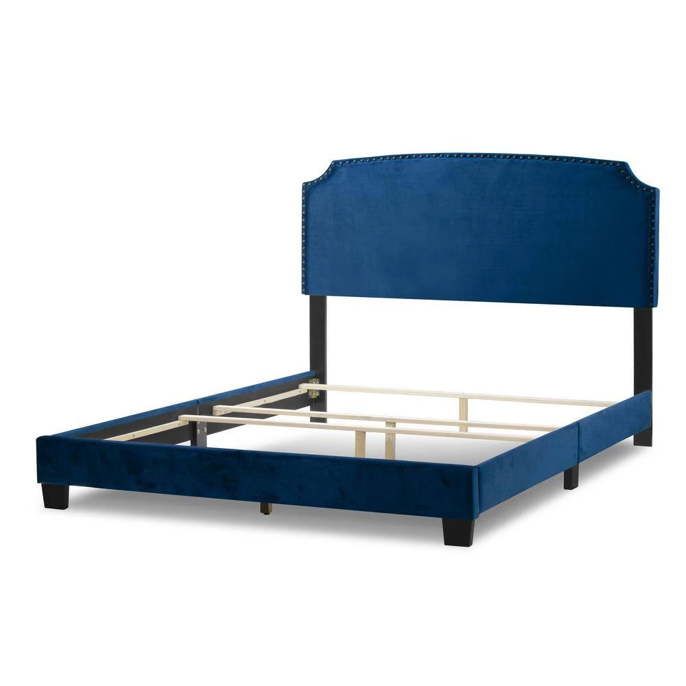 Arezo Navy Blue Velvet Queen Bed with Black Nail Head Trim by Glamour Home 2 Arezo Navy Blue Velvet Queen Bed with Black Nail Head Trim by Glamour Home - Image 2