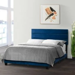 Aris Navy Blue Velvet Queen Bed with Line Stitching Tufting by Glamour Home 9 Aris Navy Blue Velvet Queen Bed with Line Stitching Tufting by Glamour Home -Kahomvis Sales Store blue glamour home panel beds ghub 1378 31 1000