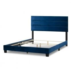 Aris Navy Blue Velvet Queen Bed with Line Stitching Tufting by Glamour Home
