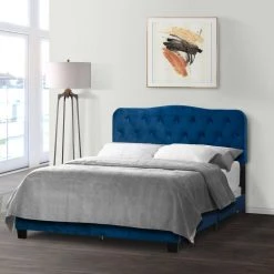 Artan Navy Blue Velvet Queen Bed with Button Tufting by Glamour Home -Kahomvis Sales Store blue glamour home panel beds ghub 1387 31 1000