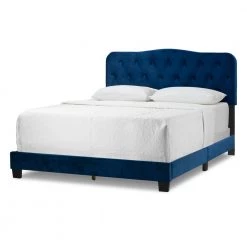 Artan Navy Blue Velvet Queen Bed with Button Tufting by Glamour Home