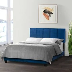 Arty Navy Blue Queen Bed with Line Stitch Tufting by Glamour Home -Kahomvis Sales Store blue glamour home panel beds ghub 1390 44 1000