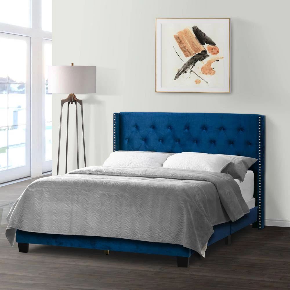 Asali Navy Blue Velvet King Upholstered Headboard Bed with Button Tufting and Nail Headed Wings by Glamour Home 5 Asali Navy Blue Velvet King Upholstered Headboard Bed with Button Tufting and Nail Headed Wings by Glamour Home - Image 5