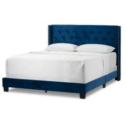 Asali Navy Blue Velvet King Upholstered Headboard Bed with Button Tufting and Nail Headed Wings by Glamour Home