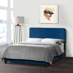 Aurum Navy Blue Velvety Fabric Queen Bed with Decorative Stitching by Glamour Home -Kahomvis Sales Store blue glamour home panel beds ghub 1524 44 1000