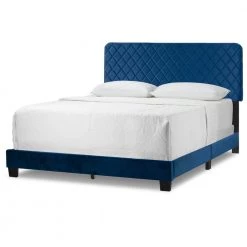 Aurum Navy Blue Velvety Fabric Queen Bed with Decorative Stitching by Glamour Home