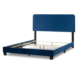 Aurum Navy Blue Velvety Fabric Queen Bed with Decorative Stitching by Glamour Home -Kahomvis Sales Store blue glamour home panel beds ghub 1524 c3 1000