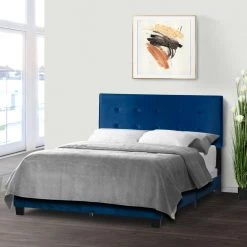 Auryon Navy Blue Velvety Fabric Queen Bed with Button Tufting by Glamour Home -Kahomvis Sales Store blue glamour home panel beds ghub 1527 31 1000