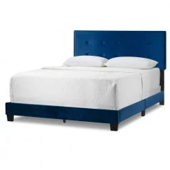 Auryon Navy Blue Velvety Fabric Queen Bed with Button Tufting by Glamour Home