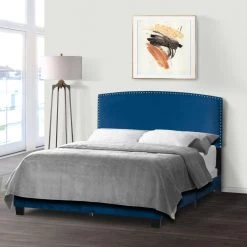 Ausca Navy Blue Velvety Fabric Queen Bed with Nail Head Trim by Glamour Home -Kahomvis Sales Store blue glamour home panel beds ghub 1530 31 1000
