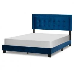 Austin Navy Blue Velvety Fabric Queen Bed with Button Tufting and Stitching by Glamour Home -Kahomvis Sales Store blue glamour home panel beds ghub 1533 4f 1000