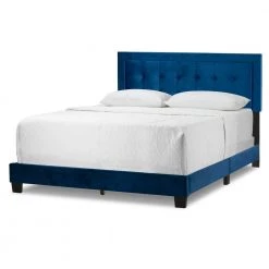 Austin Navy Blue Velvety Fabric Queen Bed with Button Tufting and Stitching by Glamour Home