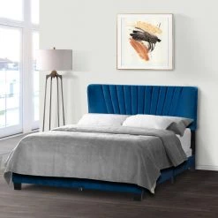 Autumn Navy Blue Velvety Fabric Queen Bed with Decorative Stitching by Glamour Home 12 Autumn Navy Blue Velvety Fabric Queen Bed with Decorative Stitching by Glamour Home -Kahomvis Sales Store blue glamour home panel beds ghub 1536 44 1000
