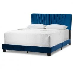Autumn Navy Blue Velvety Fabric Queen Bed with Decorative Stitching by Glamour Home