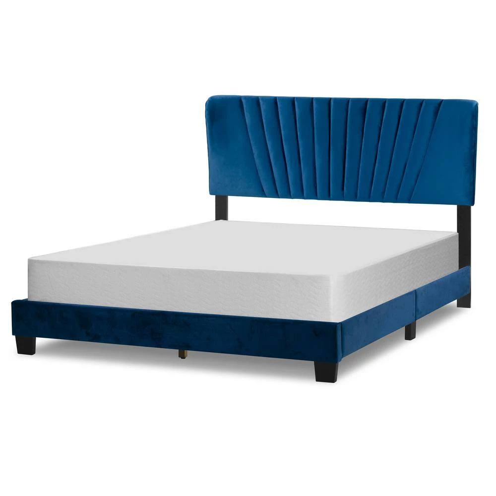 Autumn Navy Blue Velvety Fabric Queen Bed with Decorative Stitching by Glamour Home 2 Autumn Navy Blue Velvety Fabric Queen Bed with Decorative Stitching by Glamour Home - Image 2