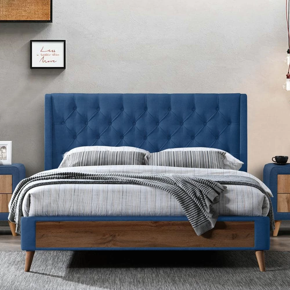 Arlo Navy Blue with Wings and Button Tufting Velvet Queen Bed by Glamour Home 5 Arlo Navy Blue with Wings and Button Tufting Velvet Queen Bed by Glamour Home - Image 5