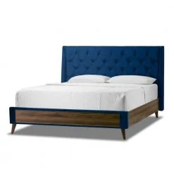 Arlo Navy Blue with Wings and Button Tufting Velvet Queen Bed by Glamour Home
