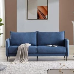 74.8 in. Blue Linen 2-Seater Upholstery Loveseat with Round Arms by Kahomvis -Kahomvis Sales Store blue linen cover kahomvis loveseats of lqwf 8aac 4f 1000