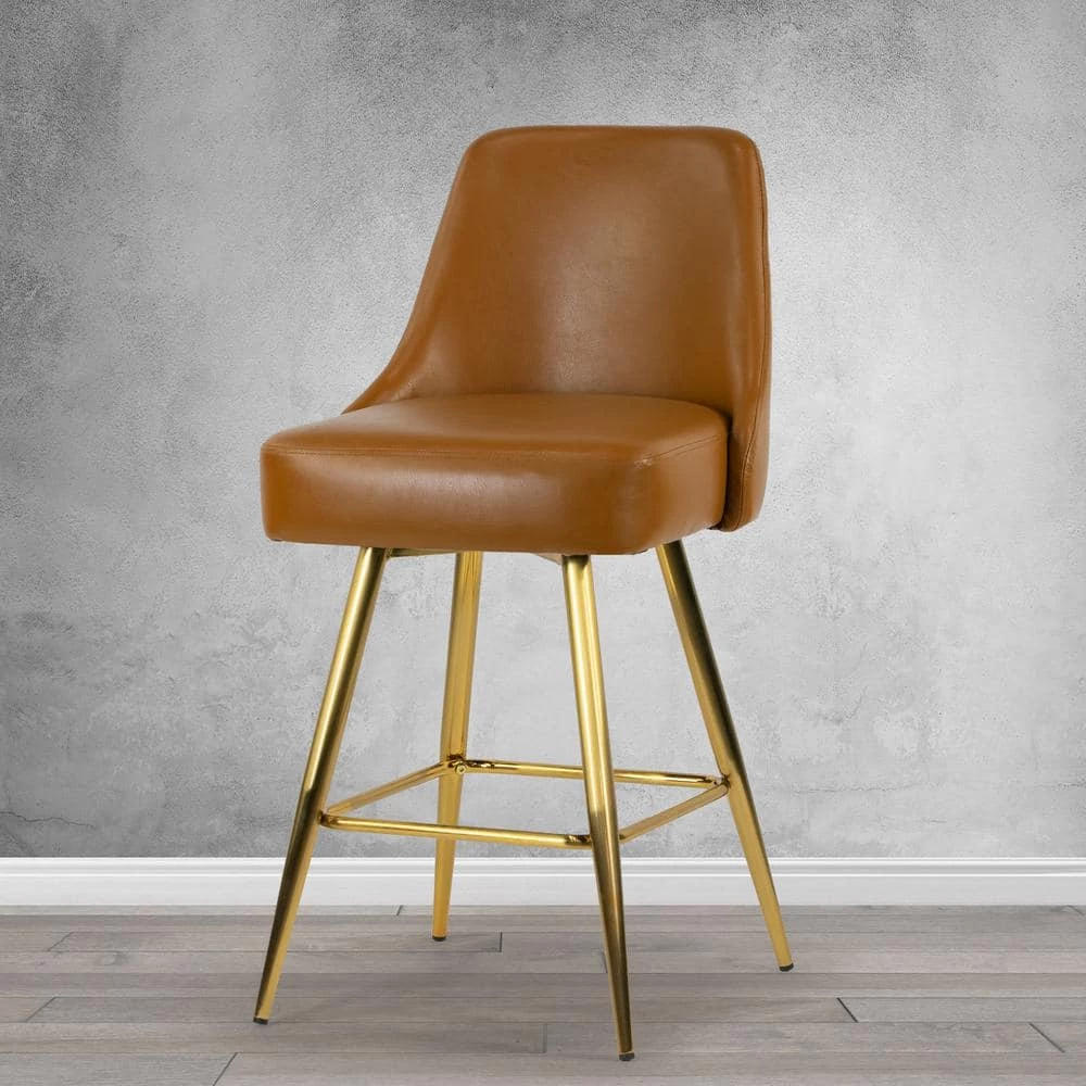 Auren 25.75 in. Light Brown Upholstered Metal Frame Counter Stool with Golden Legs (Set of 2) by Glamour Home 9 Auren 25.75 in. Light Brown Upholstered Metal Frame Counter Stool with Golden Legs (Set of 2) by Glamour Home - Image 9