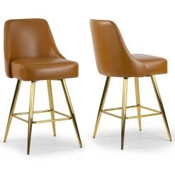 Auren 25.75 in. Light Brown Upholstered Metal Frame Counter Stool with Golden Legs (Set of 2) by Glamour Home