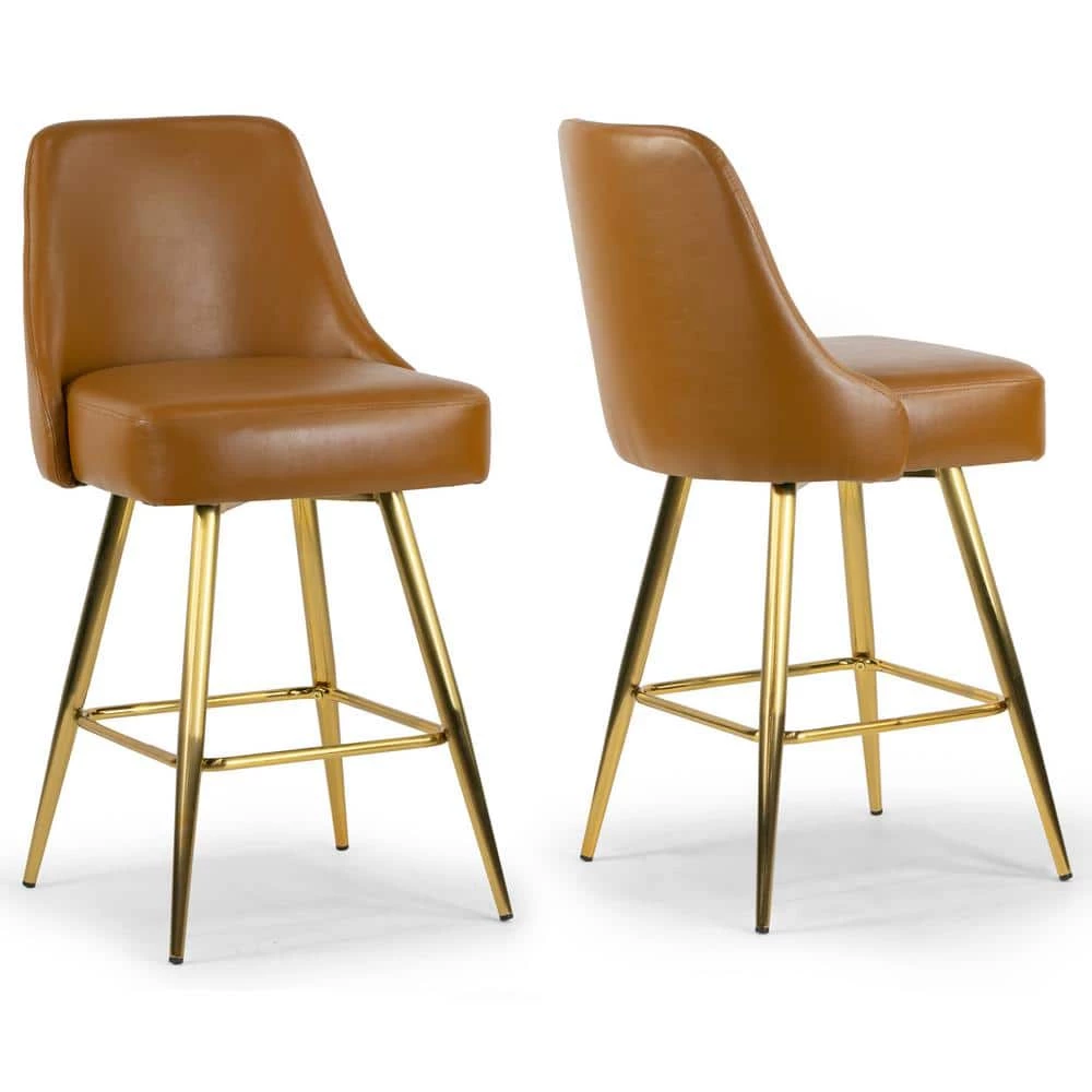 Auren 25.75 in. Light Brown Upholstered Metal Frame Counter Stool with Golden Legs (Set of 2) by Glamour Home 1 Auren 25.75 in. Light Brown Upholstered Metal Frame Counter Stool with Golden Legs (Set of 2) by Glamour Home