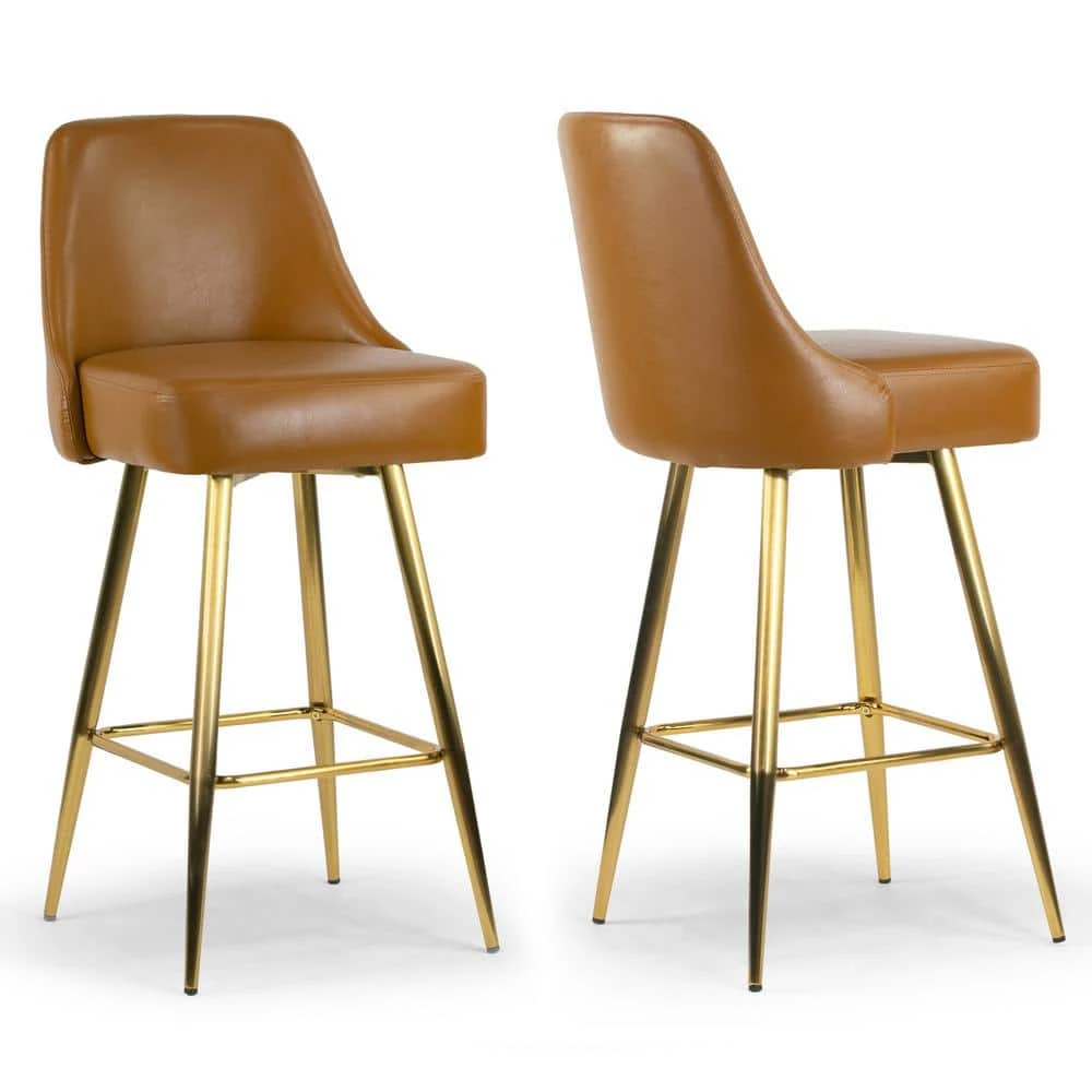 Auren 29.75 in. Light Brown Upholstered Metal Frame Bar Stool with Golden Legs (Set of 2) by Glamour Home 1 Auren 29.75 in. Light Brown Upholstered Metal Frame Bar Stool with Golden Legs (Set of 2) by Glamour Home